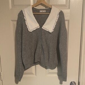 Mango Gray Cardigan with Cute White Ruffled Collar